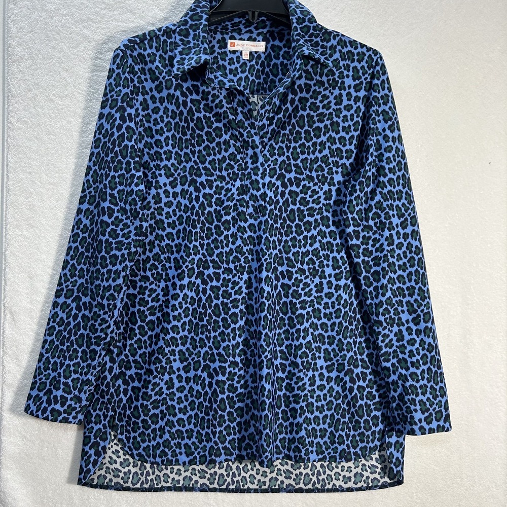 Jude Connally Womens Size L Blue Green Leopard Print V Neck Top (L8)